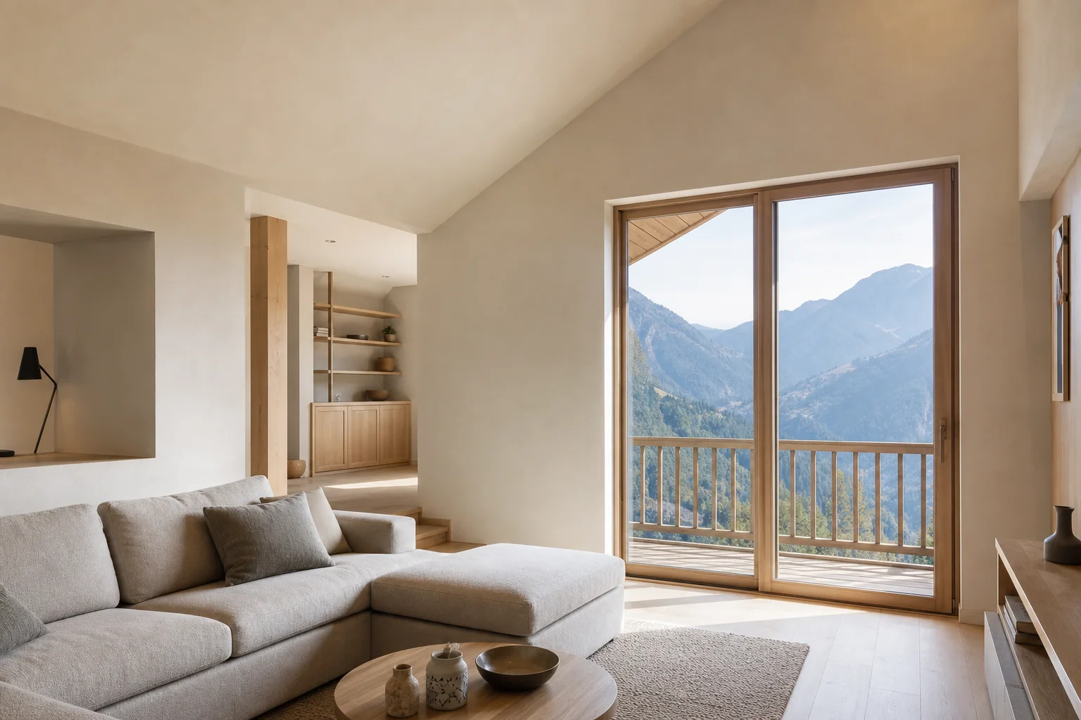 Intérieur alpin contemporain avec murs enduits et finitions en bois clair