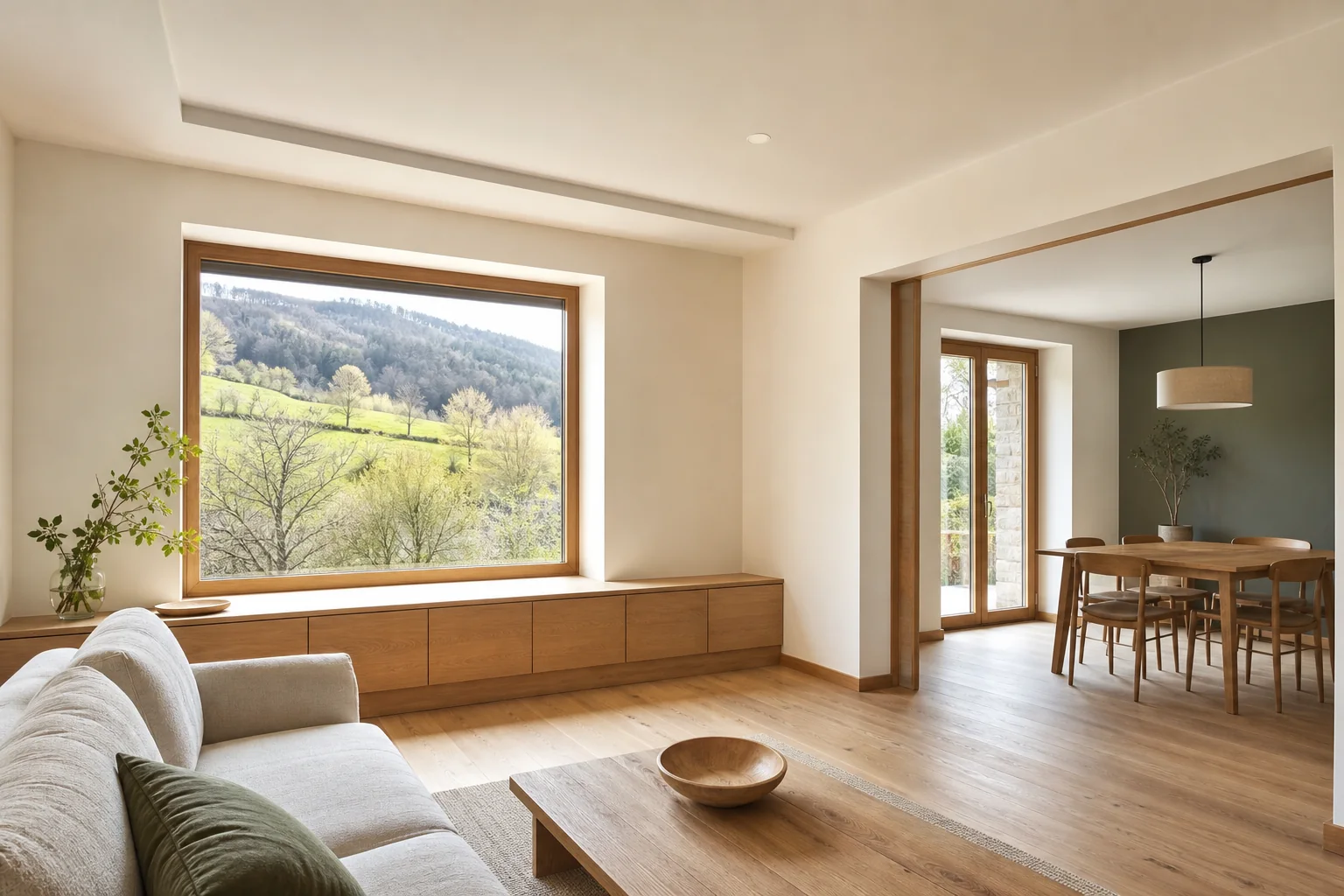 Intérieur de maison rénové avec murs clairs et finitions contemporaines