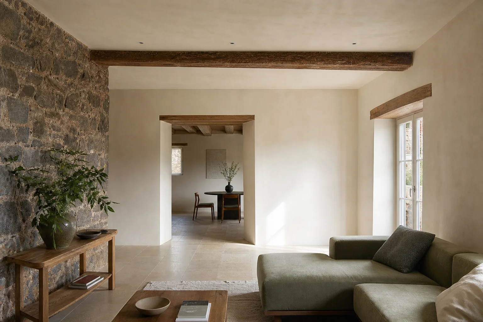 Maison de caractère rénovée avec pierre, bois et murs aux finitions claires