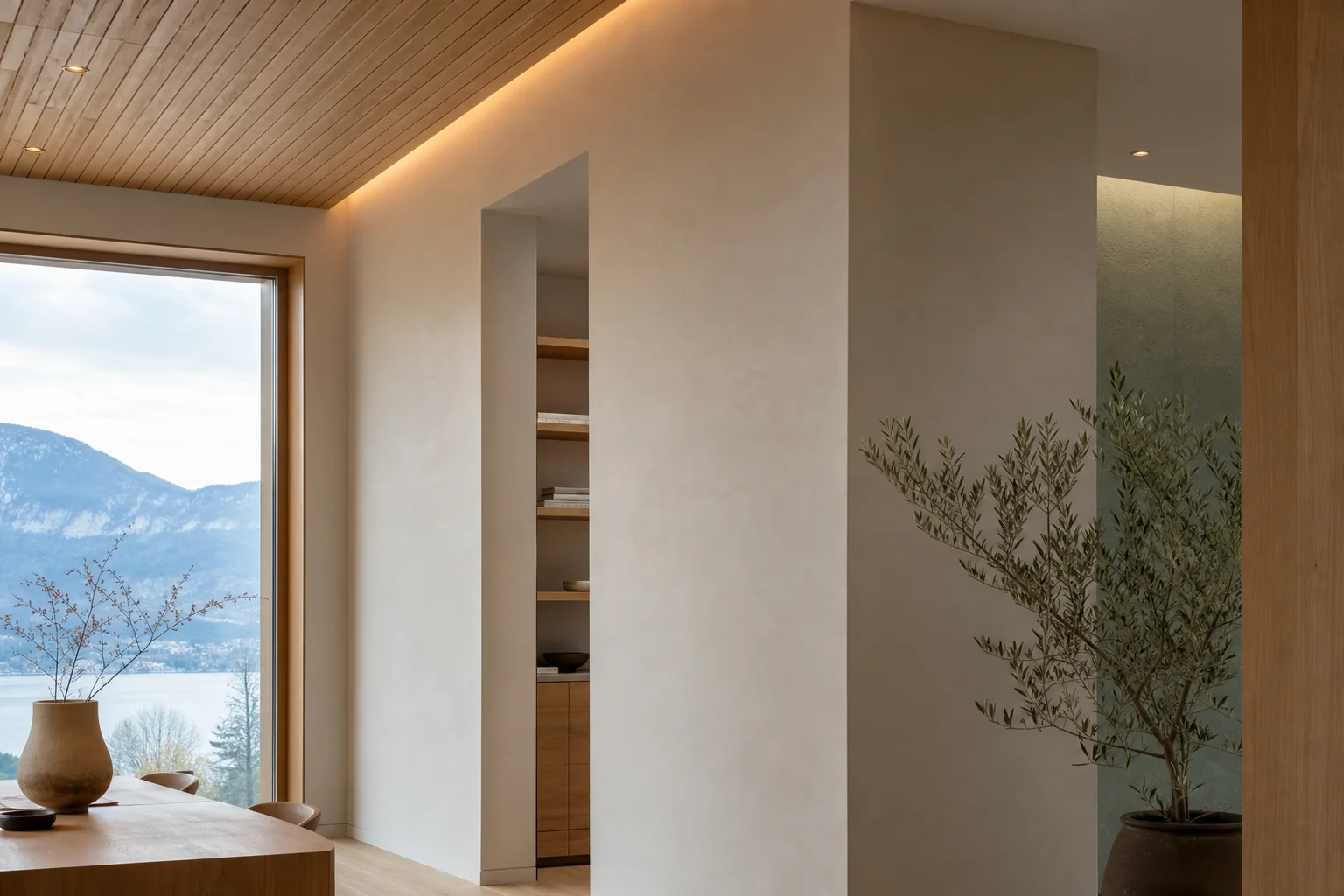 Intérieur contemporain de montagne avec bois naturel et murs enduits clairs