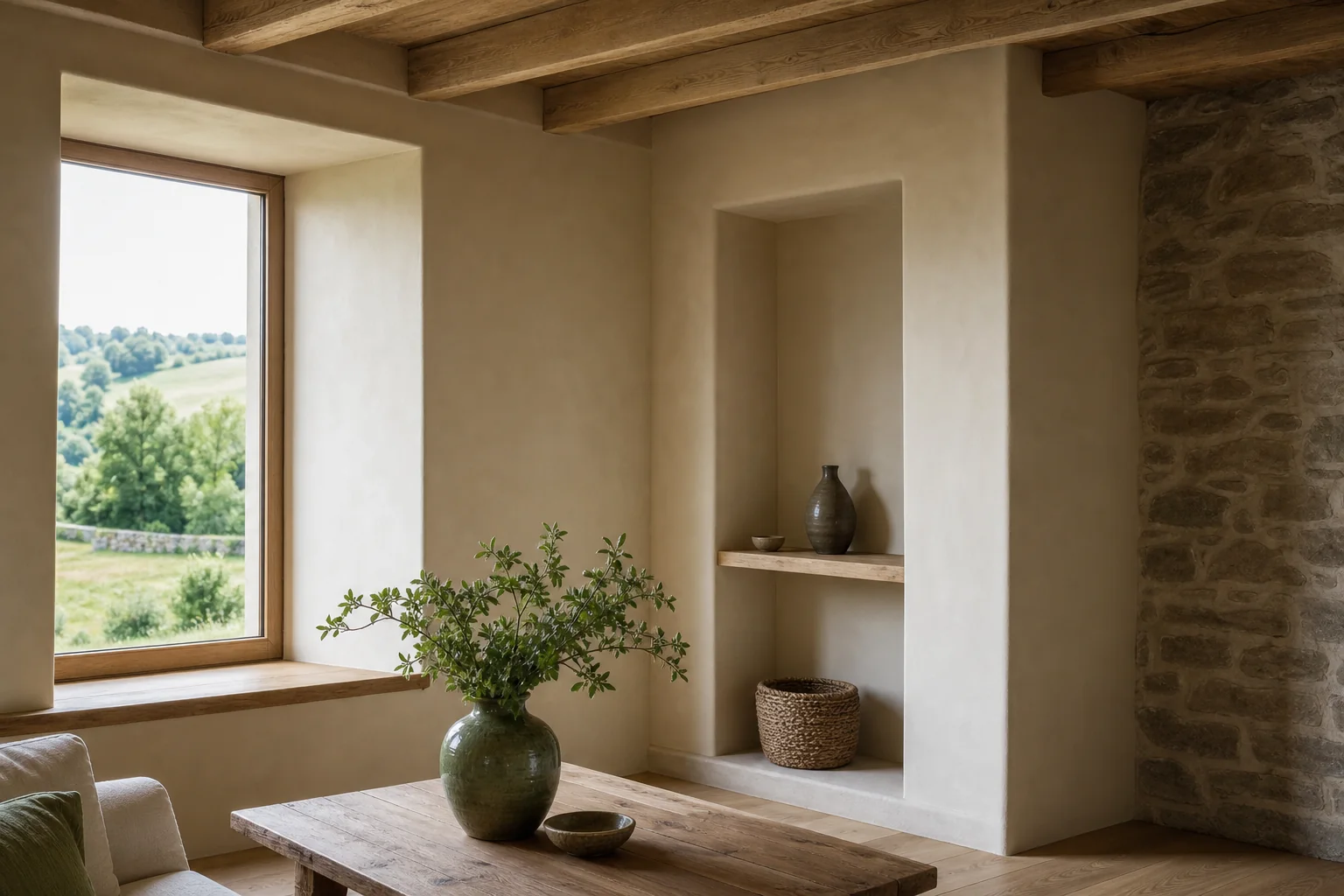 Intérieur rénové aux matières naturelles évoquant une maison de Haute-Loire